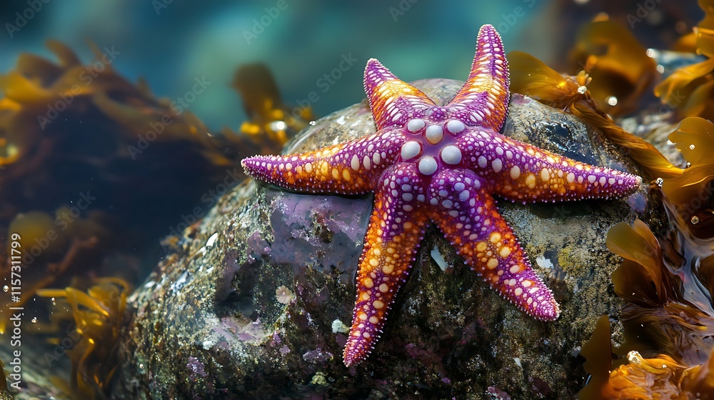 Starfish in a Tidal Pool: Capture a starfish clinging to a rock in a tidal pool, showcasing its vibrant colors and unique shape Starfish in a Tidal Pool: Capture a starfish clinging to a rock in a tidal pool, showcasing its vibrant colors and unique shape