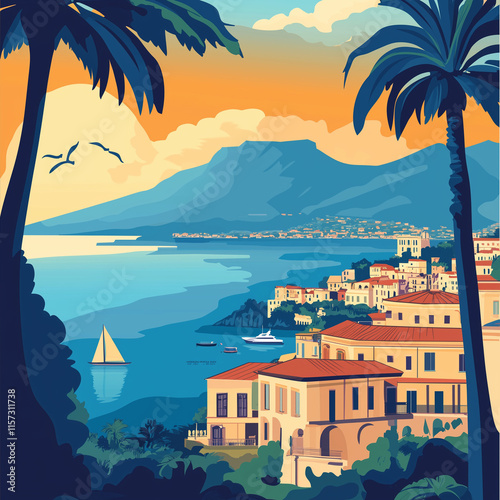 Illustration, Cityscape of Sorrento in Campania, Italy. Touristic advertisement poster. Promotional touristic poster. Beautiful city in Italy. Must-see tourist travel destination.