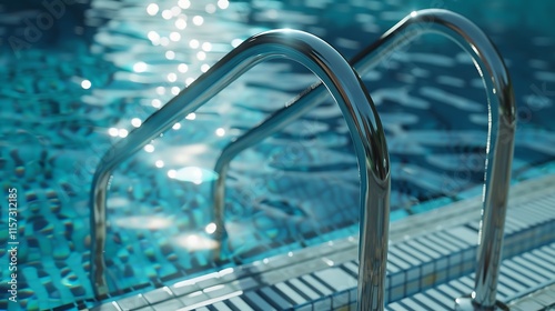 A swimming pool ladder with water glistening on the metal.