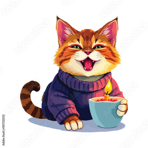 Cute funny cat in sweater, licking food from muzzle with tongue. Comic adorable kawaii feline pet, humor kitty sitting in clothing, eating. Flat vector illustration isolated on white