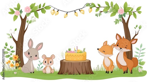Cute animals celebrating birthday in forest.
