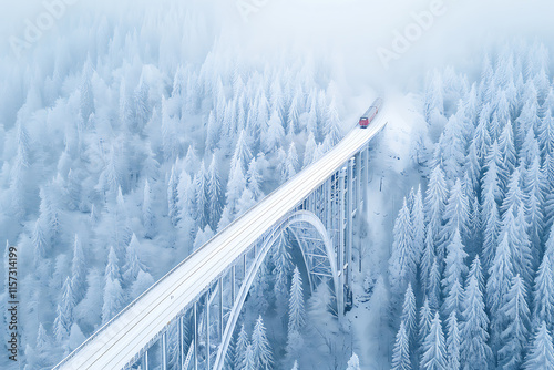 snow-covered landwasser viaduct, an aerial view of the landwasser viaduct in snow, showcasing its grandeur against white pine forests, with a train gracefully crossing