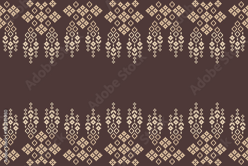 Ethnic pattern traditional motif ikat geometric fabric pattern cross stitch.Ikat embroidery Ethnic oriental Pixel brown background.Abstract,vector,illustration. Texture,decoration,wallpaper.