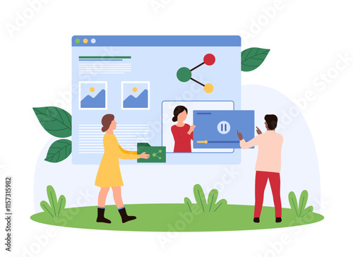 Data download online, digital documents upload and exchange, multimedia archive copy and storage. Tiny people holding folder with files and video to share to users cartoon vector illustration