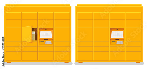Collection of closed yellow lockers or with an open box containing a package in the flat design style (cut out)
