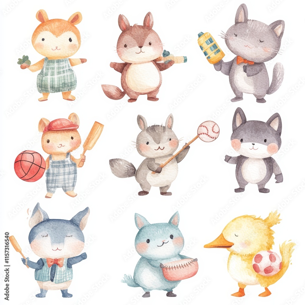 Fototapeta premium Cute and Playful Animal Characters Engaging in Various Activities in a Whimsical Illustration for Children's Design