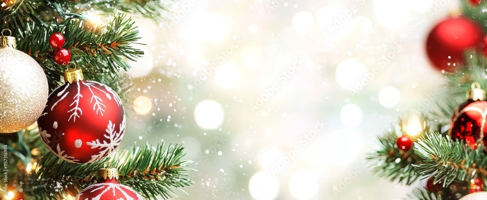 Obraz premium Festive Christmas Decorations Featuring Red and Silver Ornaments on Pine Branches With Sparkling Lights and a Blurred Background