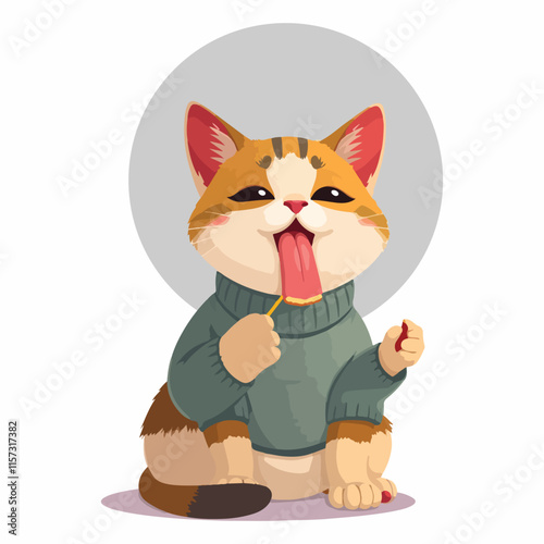 Cute funny cat in sweater, licking food from muzzle with tongue. Comic adorable kawaii feline pet, humor kitty sitting in clothing, eating. Flat vector illustration isolated on white