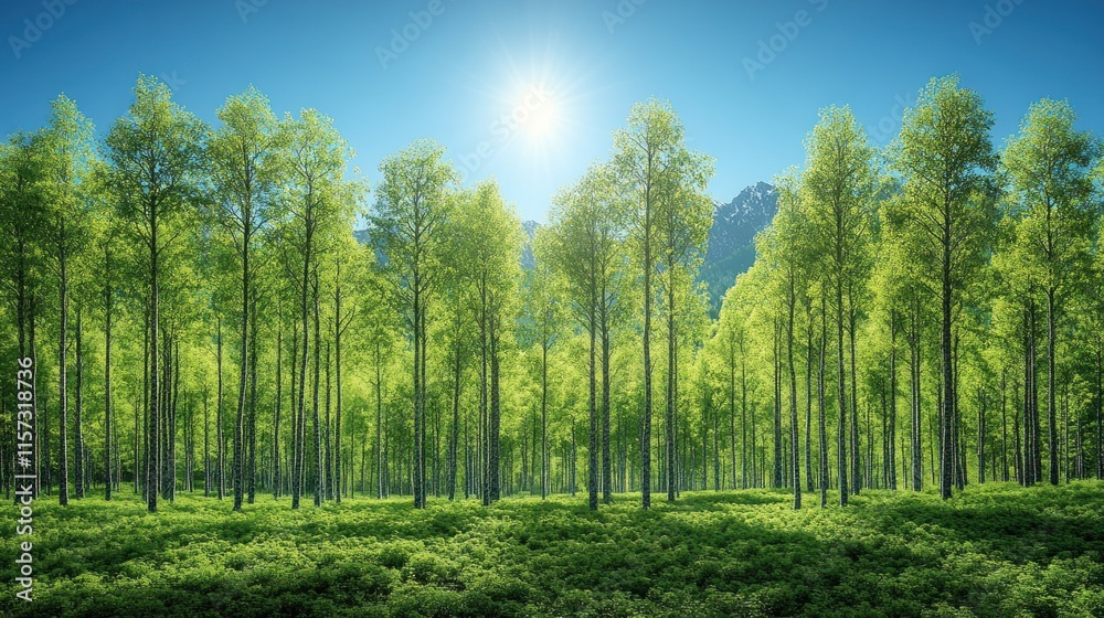 Fototapeta premium Sunlit aspen grove with mountain backdrop.