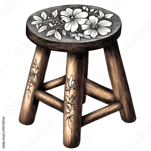 Traditional wooden stool with engraved floral patterns, bringing handcrafted warmth to any setting. PNG transparent background. photo