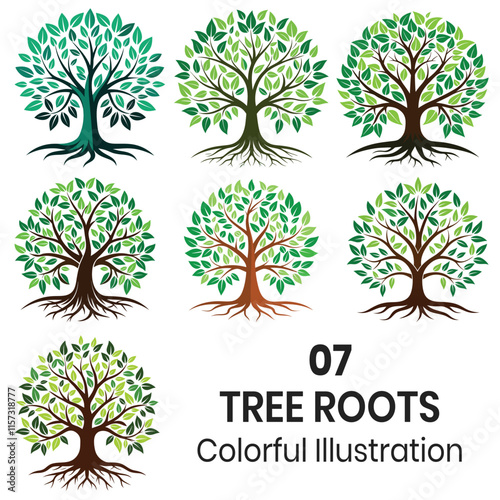 Abstract tree logo and roots and vector illustration with green leaves Design