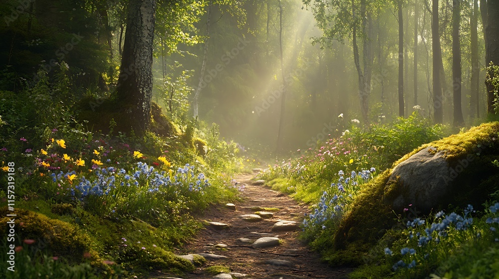 Fototapeta premium Sun-dappled Forest Path: Photograph a forest path with sunlight filtering through the trees