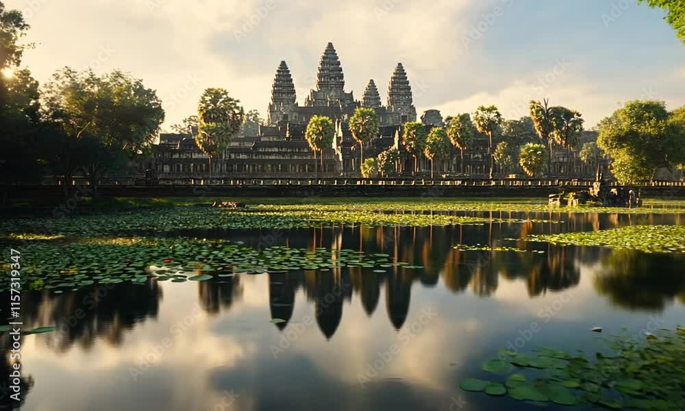 Serene landscape with ancient temple reflected in water. Serene landscape with ancient temple reflected in water.