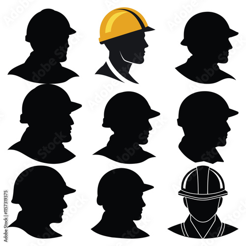 Head in profile of a creative worker in construction helmet silhouette vector art illustration Design