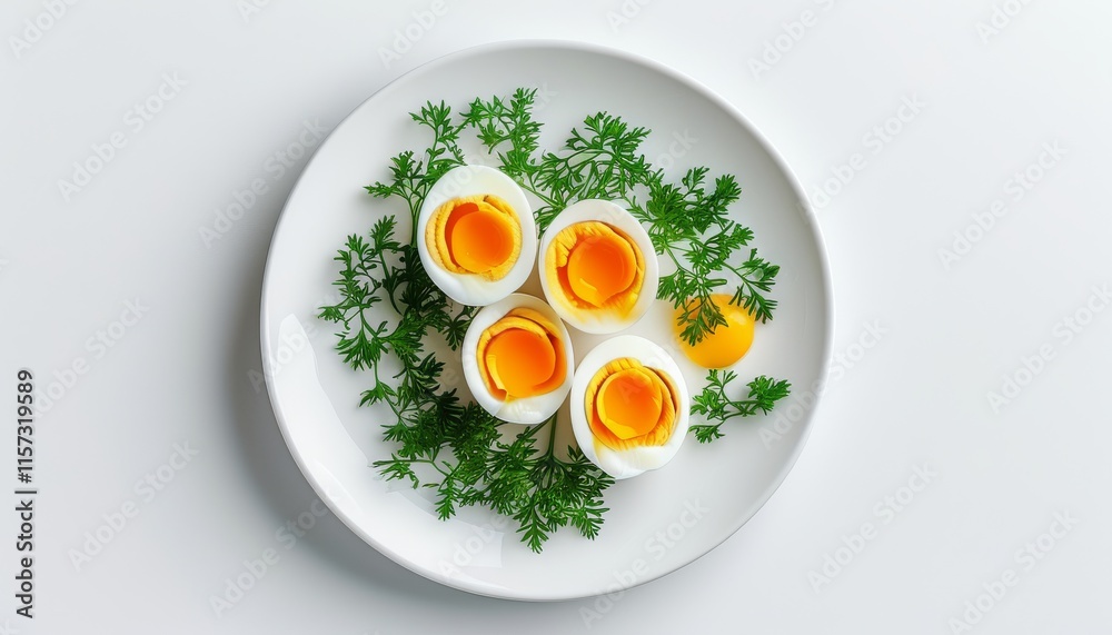 Delicious Boiled Eggs with Vibrant Yolk Garnished with Fresh Herbs on a White Plate Delicious Boiled Eggs with Vibrant Yolk Garnished with Fresh Herbs on a White Plate