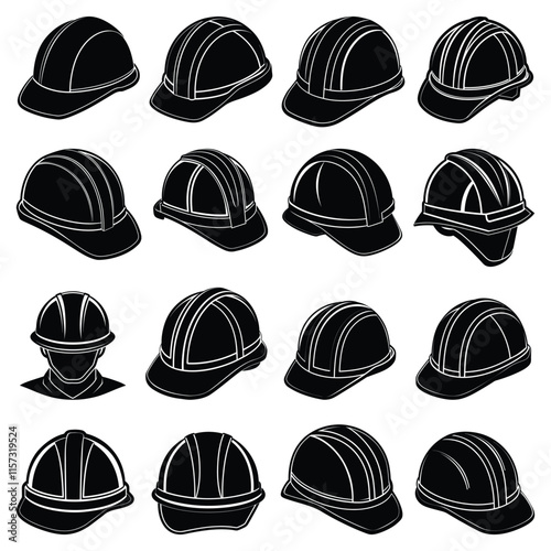 set of construction worker helmet silhouettes  