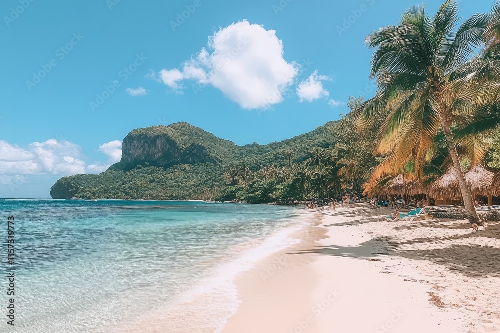 Saint Avia Beach with Piton Mountain in the background, blue sky, palm trees, and sunny day, capturing the tropical beauty of the landscape. Saint Avia Beach with Piton Mountain in the background, blue sky, palm trees, and sunny day, capturing the tropical beauty of the landscape.