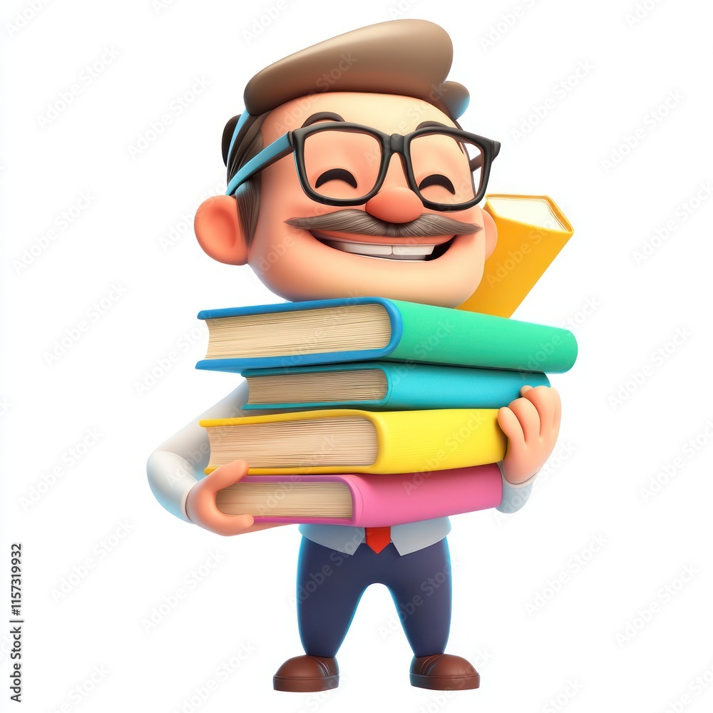 A cheerful librarian with a stack of colorful books. vector style art 3d illustration Isolated on White Background A cheerful librarian with a stack of colorful books. vector style art 3d illustration Isolated on White Background