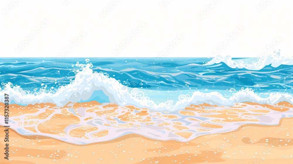 Fototapeta premium Tropical Beach Scene with Rolling Sea Waves in Flat Vector Style