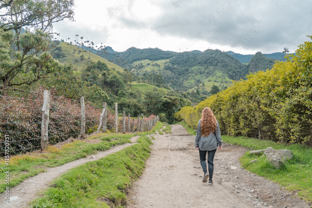 Fototapeta premium Woman lost in the beautiful jungle of Salento in Colombia.