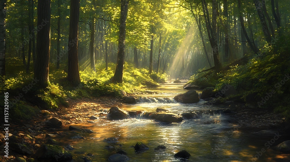 Fototapeta premium Sun-dappled Forest Stream: Capture a forest stream with sunlight filtering through the trees