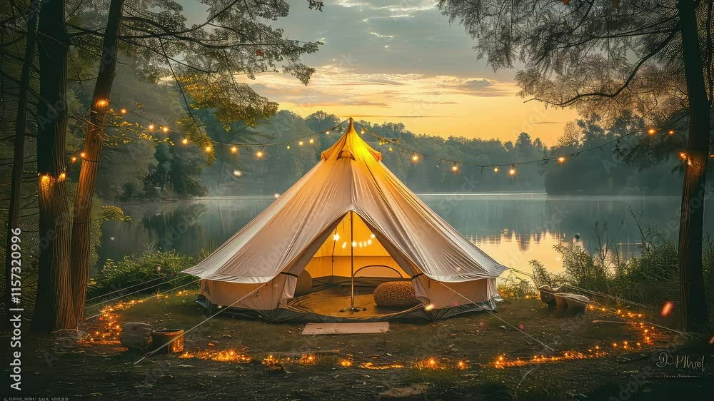 Animation Cozy Glamping Tent with Fairy Lights generated with ai