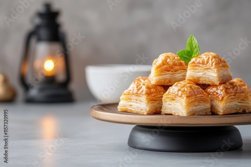 ramadan desserts, a classic assortment of baklava and qatayef in a cozy kitchen with gentle ramadan lanterns casting a warm glow photo
