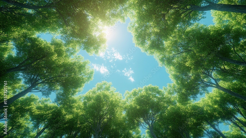 Obraz premium Sunlit canopy, lush green forest trees.