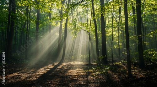 Sunlight filtering through the branches of a dense forest in early spring, illuminating the fresh green leaves and casting long shadows on the ground