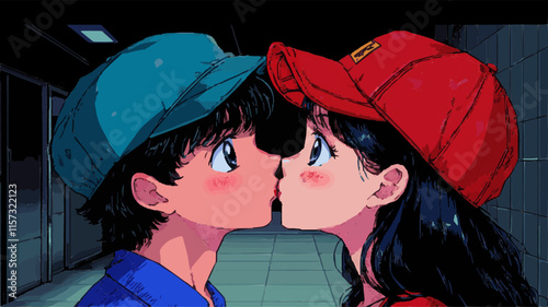 Romantic anime-style couple kissing in vibrant caps at night