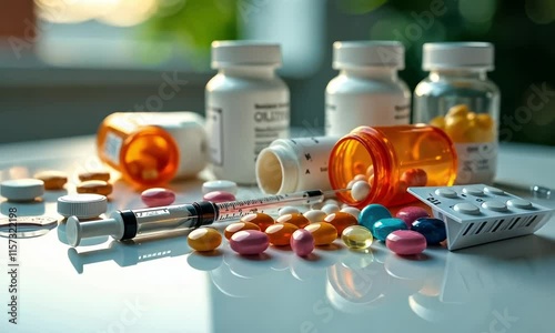 pharmaceutical products: tablets, capsules, syringes, vials, and medication bottles, neatly arranged on a surface,routine, diseases, immunity, health care, vitamins and supplements	