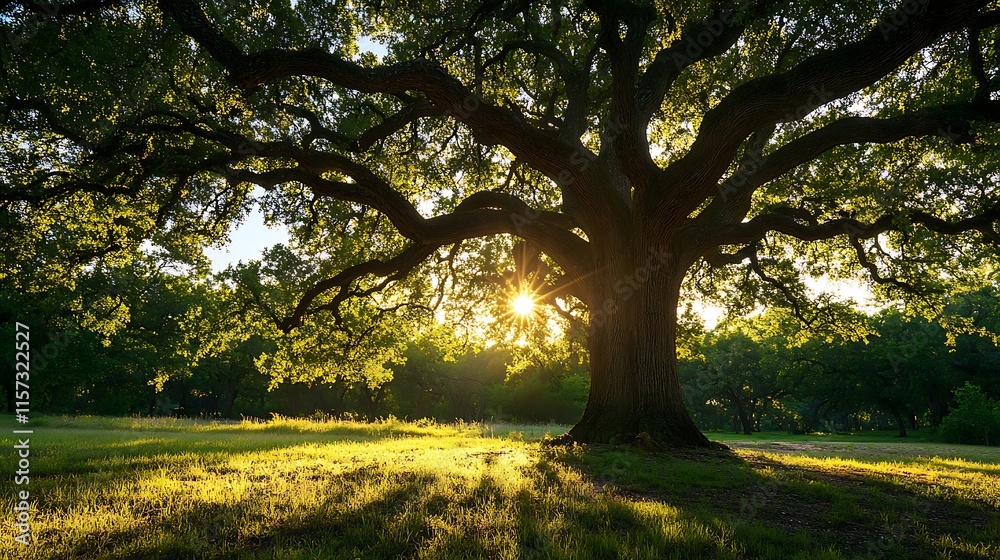 Fototapeta premium Sunlight streaming through the branches of a towering oak tree, with shadows dancing on the ground below