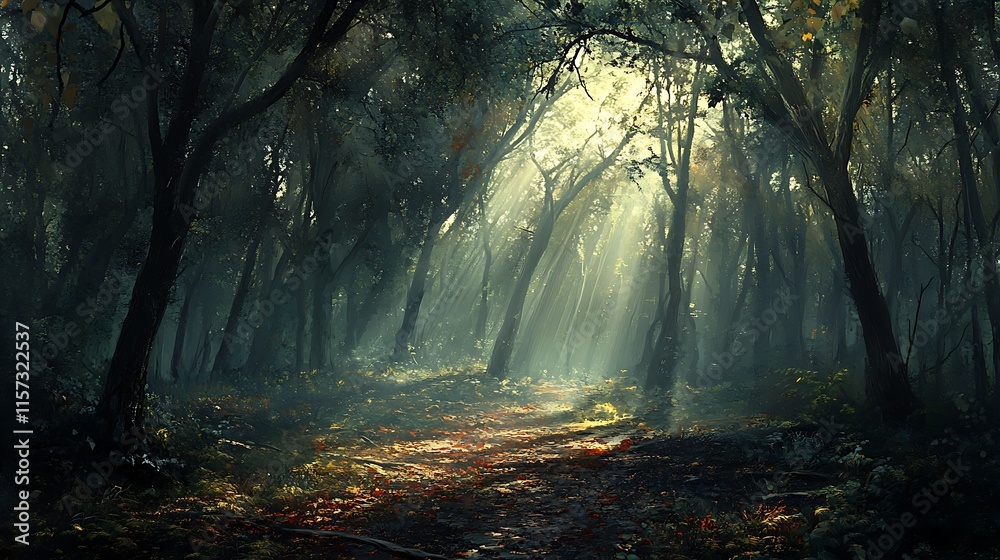 Fototapeta premium Sunlight streaming through the branches of a dense forest at midday, casting intricate patterns of light and shadow on the forest floor