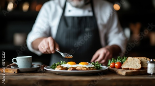 Delicious Breakfast Preparation with Eggs, Fresh Greens, and Toast on Rustic Table