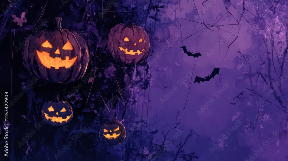 Spooky Halloween jack-o'-lanterns hanging in a dark, misty forest with bats flying. Spooky Halloween jack-o'-lanterns hanging in a dark, misty forest with bats flying.