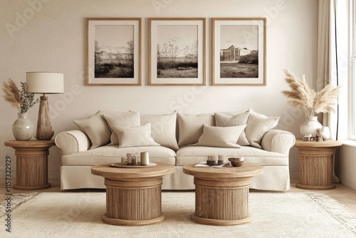 Living room large window right side has wooden gallery wall