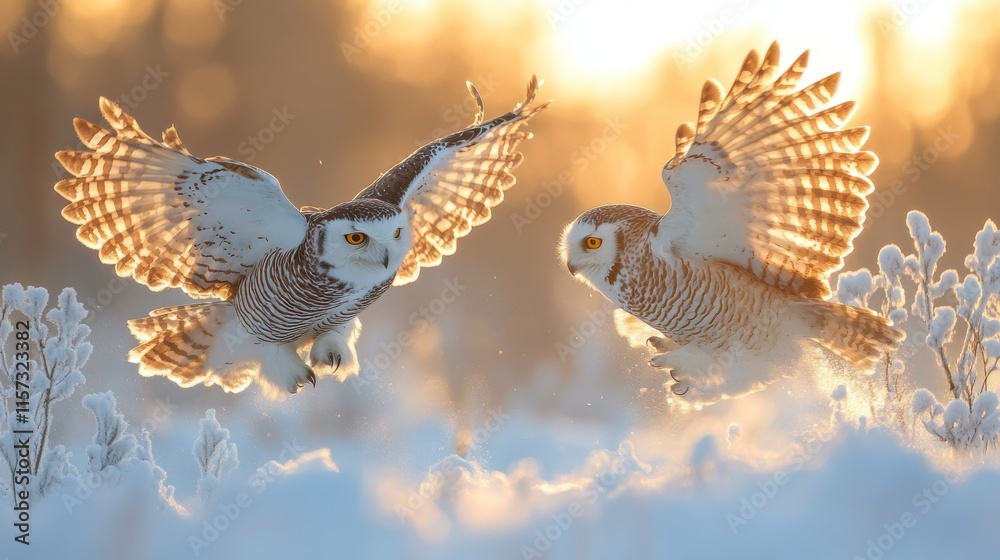 Fototapeta premium Two snowy owls in flight over a snowy landscape during golden hour.