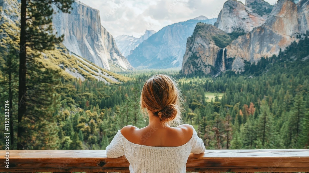 Captivating View of a Woman Overlooking the Serene Landscape of Yosemite National Park During Midday Captivating View of a Woman Overlooking the Serene Landscape of Yosemite National Park During Midday