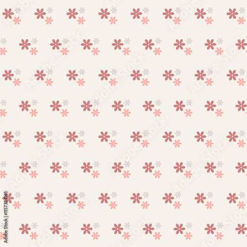 Repeating pattern of small flowers in shades of pink and light purple on a white background. Each cluster consists of three flowers - one larger dusty rose flower