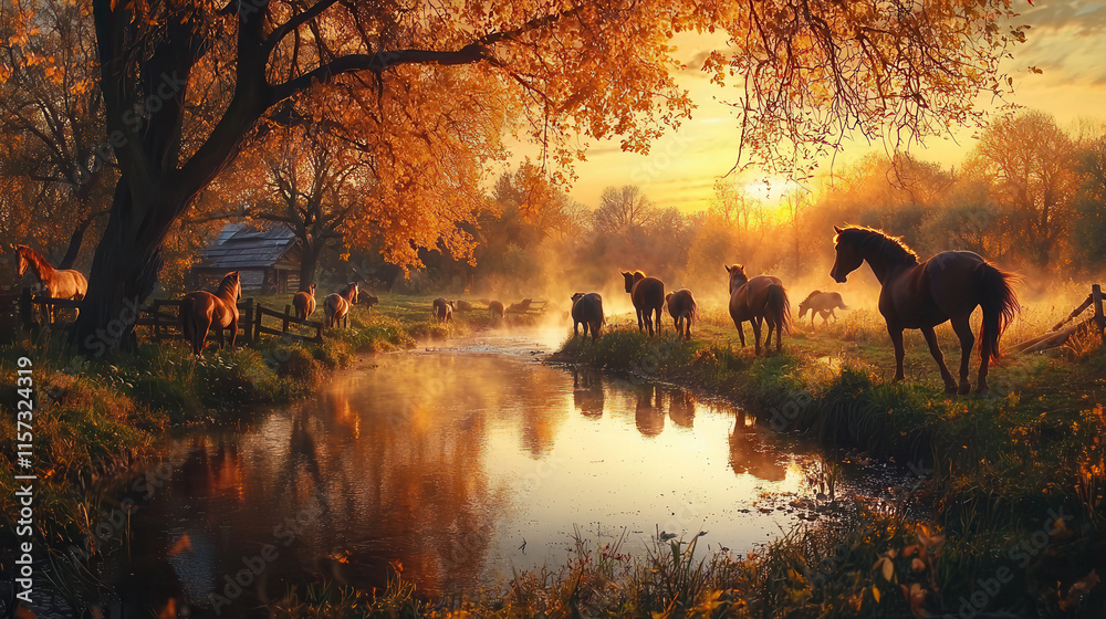 Fototapeta premium serene scene of galloping horses by tranquil river at sunset, surrounded by autumn foliage