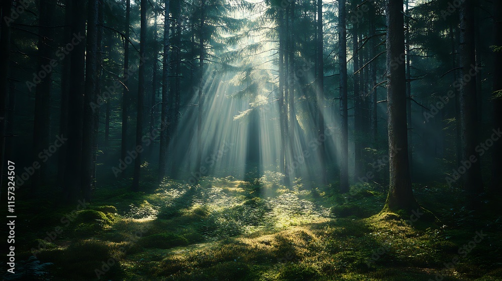 Naklejka premium Sunlight streaming through the branches of a dense forest at midday, casting intricate patterns of light and shadow on the forest floor