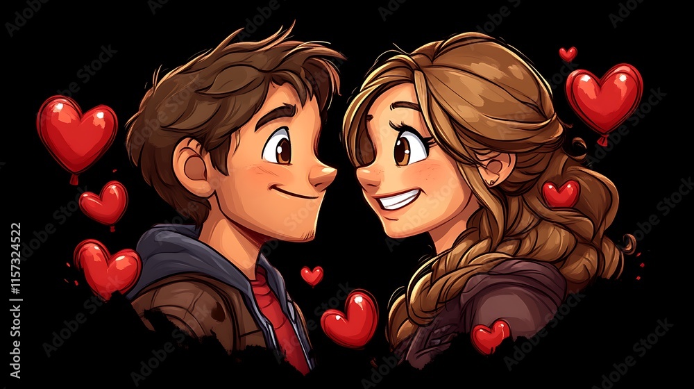 Cute cartoon couple in love, surrounded by hearts. Cute cartoon couple in love, surrounded by hearts.