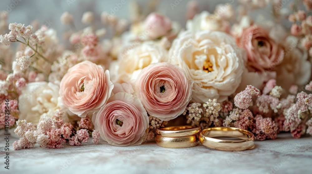 Two gold wedding rings rest on a table among a bouquet of peach and white flowers.