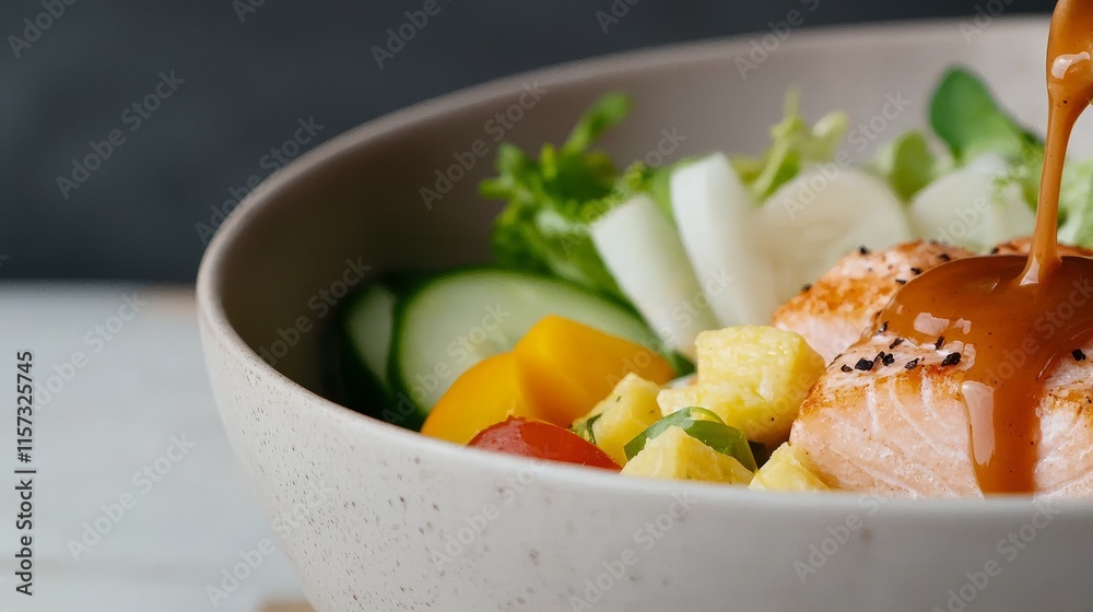 Captivating Close-Up of Healthy Salmon Salad with Fresh Ingredients and Dressing Captivating Close-Up of Healthy Salmon Salad with Fresh Ingredients and Dressing