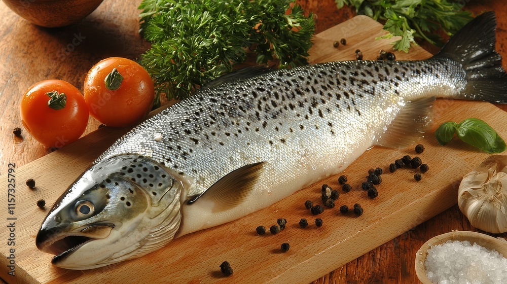 Captivating Close-Up of Fresh Salmon Fish Lying on a Wooden Cutting Board Captivating Close-Up of Fresh Salmon Fish Lying on a Wooden Cutting Board