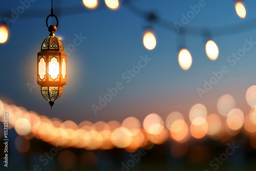 islamic ramadan nights, soft lanterns flickering, crescent moon glistening, and serene iftar ambiance with loved ones during ramadan evenings photo