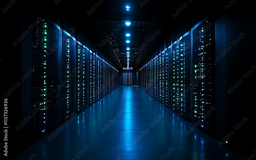 Dark server room with glowing racks.