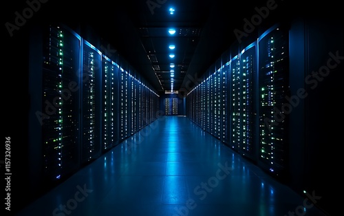 Dark server room with glowing racks.