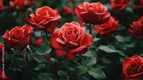 Vibrant red roses in full bloom flower garden photography natural setting close-up beauty of nature