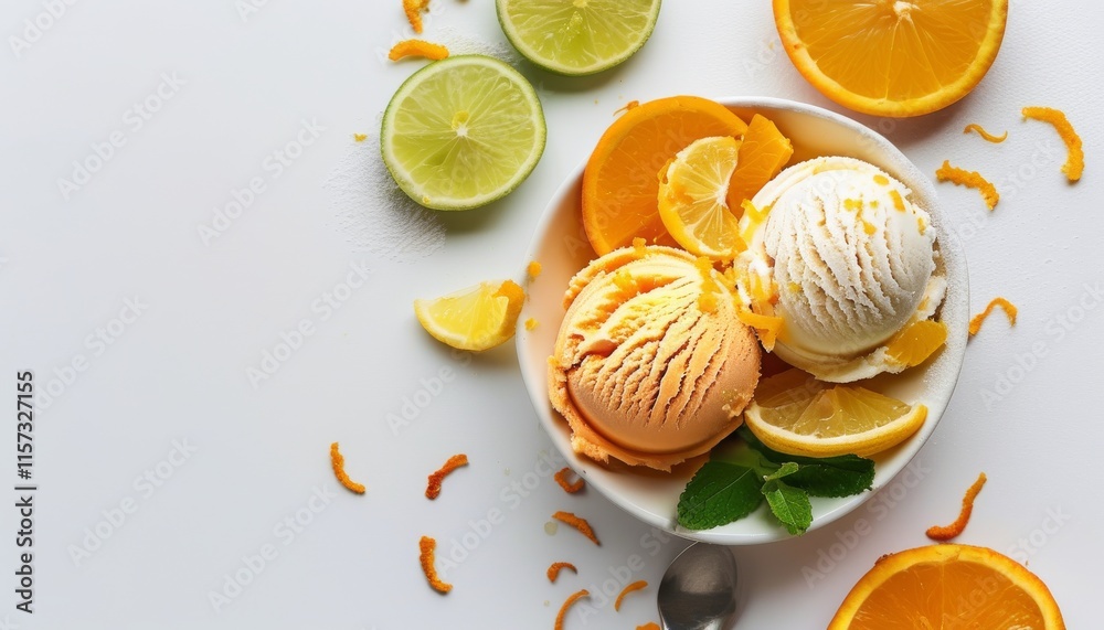 Citrus Ice Cream Delight with Fresh Fruits and Zesty Accents on a Bright White Background Citrus Ice Cream Delight with Fresh Fruits and Zesty Accents on a Bright White Background
